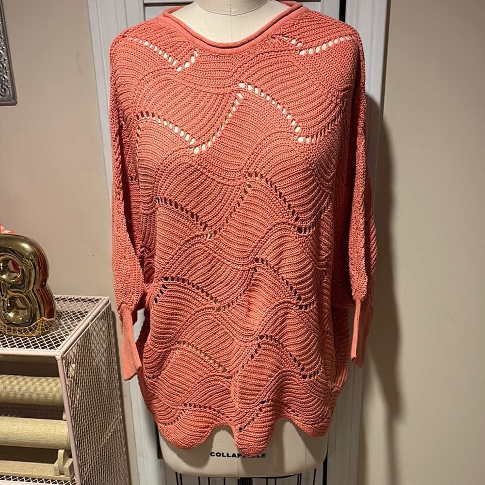 Coral Open Knit Sweater with scallop hem and dolman sleeve